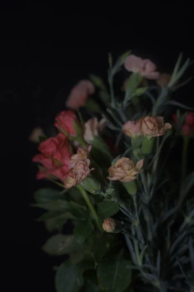 Ramillete Rosas Rojas Claveles Naranjas Sobre Fondo Negro — Foto de Stock