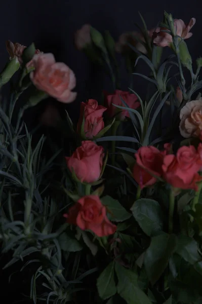 Bouquet Minuscules Roses Rouges Oeillets Orange Sur Fond Noir — Photo