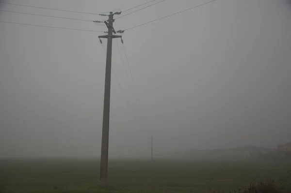 Pilone Elettrico Legno Campo Una Giornata Nebbiosa Nel Tardo Autunno — Foto Stock