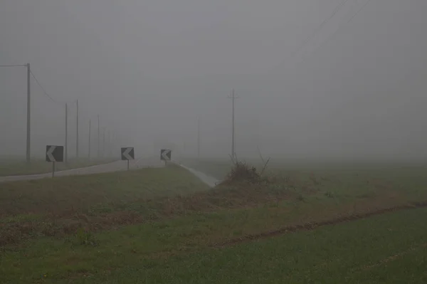 Camino Bordeado Por Campo Campo Italiano Día Niebla Finales Otoño — Foto de Stock