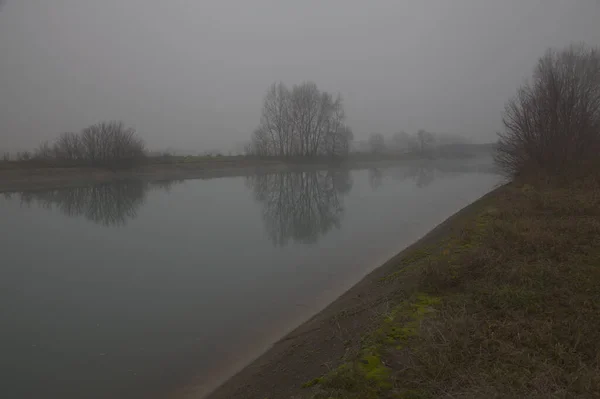 Shores River Bare Trees Reflections Water Foggy Day Late Autumn — Stock Photo, Image