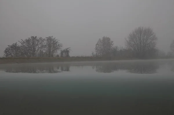 Pobřeží Řeky Holými Stromy Jejich Odrazy Vodě Mlhavého Dne Konci — Stock fotografie