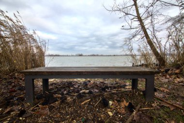 İtalya 'nın kırsal kesiminde kışın nehir kıyısında bir bankta.