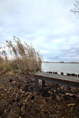 İtalya 'nın kırsal kesiminde kışın nehir kıyısında bir bankta.