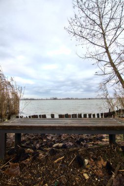 İtalya 'nın kırsal kesiminde kışın nehir kıyısında bir bankta.