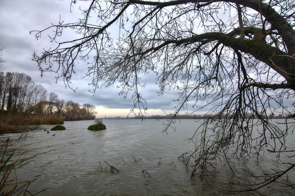 Ufer Eines Flusses Einem Bewölkten Tag Der Italienischen Landschaft Winter — Stockfoto