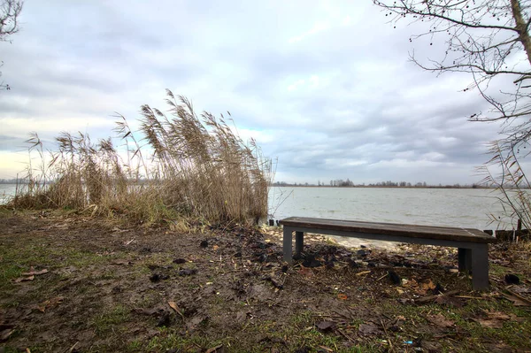 Bänk Vid Stranden Flod Den Italienska Landsbygden Vintern — Stockfoto