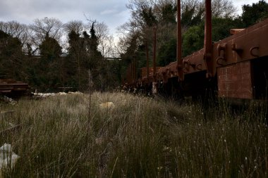 Terk edilmiş tren nakliye vagonları kullanılmayan bir yerleşkenin çıkmaz sokaklarında.