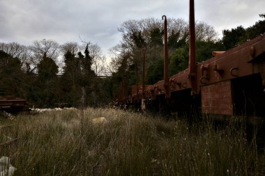 Terk edilmiş tren nakliye vagonları kullanılmayan bir yerleşkenin çıkmaz sokaklarında.