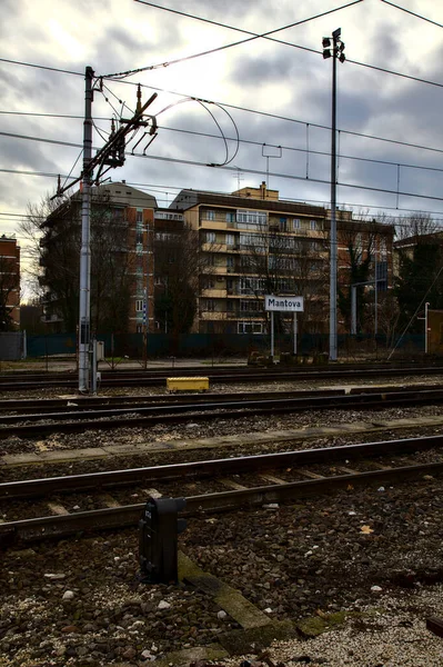 Railroad Tracks Italy Sign Stating Mantova — Stock Photo, Image