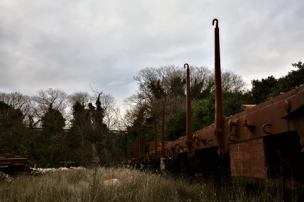 Заброшенные Железнодорожные Грузовые Вагоны Тупике Заброшенного Комплекса — стоковое фото