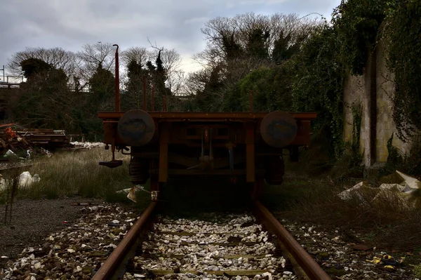 Terk edilmiş tren nakliye vagonları kullanılmayan bir yerleşkenin çıkmaz sokaklarında.
