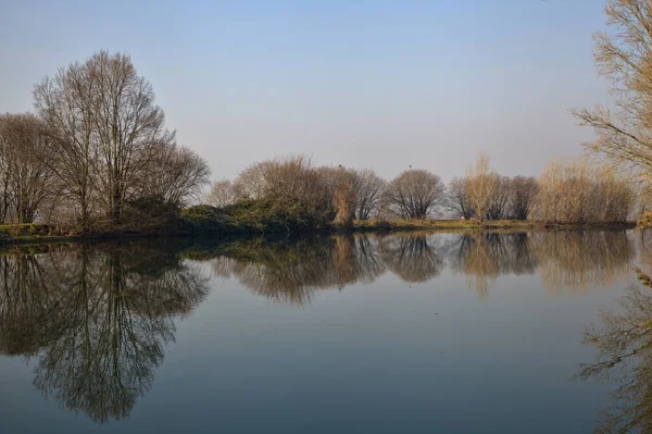 Rivière Bordée Arbres Nus Avec Leurs Reflets Jetés Dans Eau — Photo