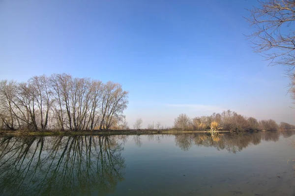 川はイタリアの田舎で水に投げられた反射と裸の木に囲まれています — ストック写真
