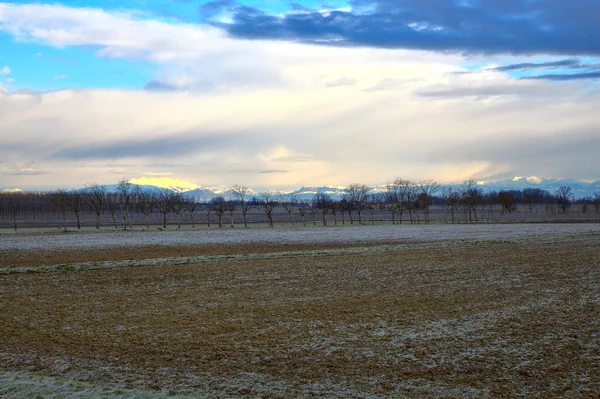 Zaorane Pole Włoskiej Wsi Pochmurny Zimowy Dzień — Zdjęcie stockowe