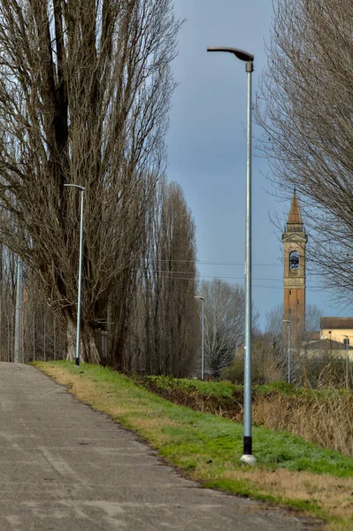 意大利农村的一条自行车道 其边缘有柏树 旁边有一条小河 还有一个带有钟塔的桦树种植园 — 图库照片