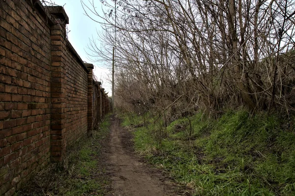 Caminho Lamacento Delimitado Por Muro Contorno Tijolos Banco Zona Rural — Fotografia de Stock