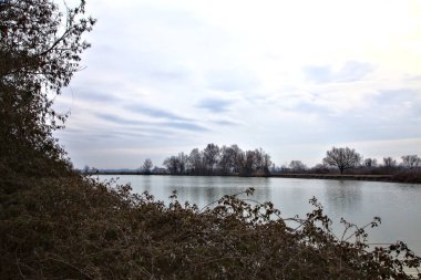 Nehir, gökyüzü ve kıyılarındaki ağaçlar kışın İtalya 'nın kırsal kesimlerinde suya dökülür.