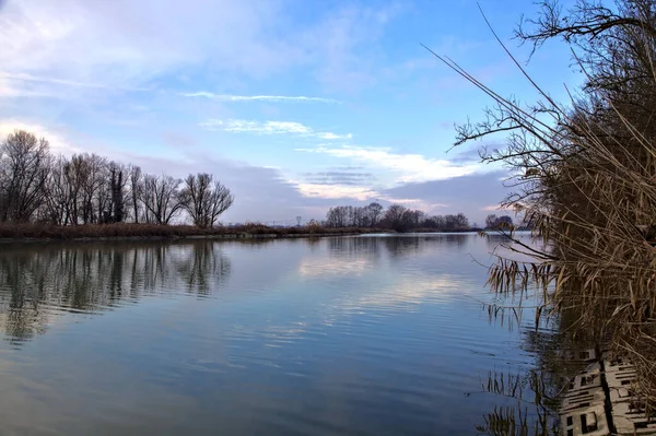 Řeka Oblohou Stromy Jejím Okraji Vržené Vody Italském Venkově Zimě — Stock fotografie
