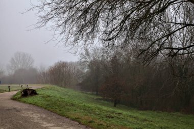 Sisli bir günde İtalya kırsalındaki bir parkta bisiklet yolu.