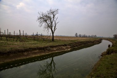 Kışın bulutlu bir günde İtalya kırsalındaki tarlaların yanındaki su akıntısı