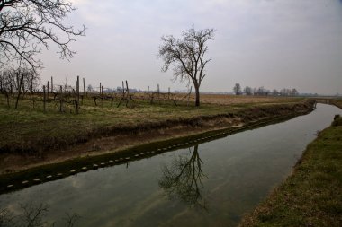 Kışın bulutlu bir günde İtalya kırsalındaki tarlaların yanındaki su akıntısı