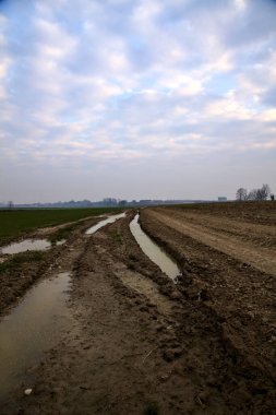 İtalya 'nın kırsalında kışın çamurlu yollarda su birikintileri olur.