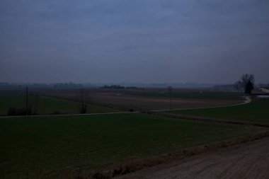 İtalya kırsalında kışın ağaçlarla kaplı ekili tarlalar.