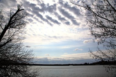 Kışın sonlarında açık bir günde kıyıda ağaçsız bir göl.