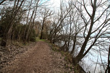 İtalya kırsalındaki bir parkta kışın sonunda çıplak ağaçlarla çevrili bir gölün kıyısındaki toprak patika.