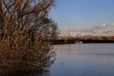 Gün batımında bir gölün kıyısında, arkasında ağaçlar ve dağlar var.