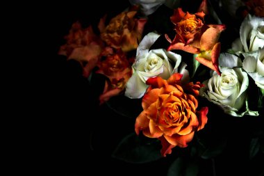 Siyah arka planda turuncu ve beyaz güller.