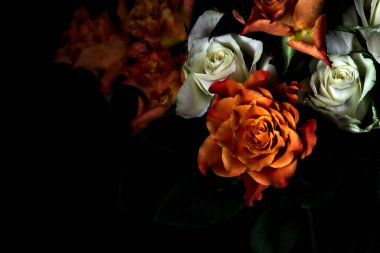 Siyah arka planda turuncu ve beyaz güller.