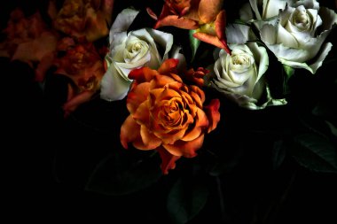Siyah arka planda turuncu ve beyaz güller.