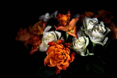 Siyah arka planda turuncu ve beyaz güller.