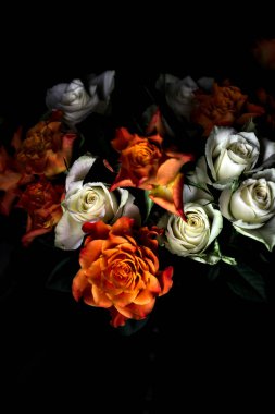 Siyah arka planda turuncu ve beyaz güller.