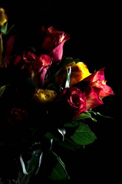 Bir buket turuncu çizgili sarı güller ve siyah arka planda kırmızı güller.