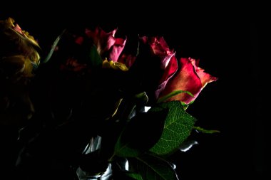 Bir buket turuncu çizgili sarı güller ve siyah arka planda kırmızı güller.