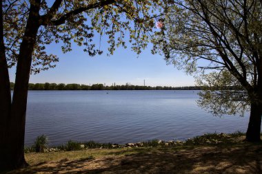 Açık bir baharda ağaçlarla çevrili bir göl.