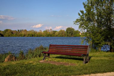 Baharda gölün kıyısında ağaçlı kırmızı bir bank.