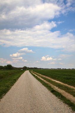 İlkbaharda İtalya 'nın kırsal kesimindeki tarlaların yanındaki çakıl yolu.