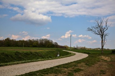 İlkbaharda İtalya 'nın kırsal kesimindeki tarlaların yanındaki çakıl yolu.