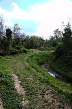 Bir su deresi ve İtalya kırsalındaki bir kalenin kalıntılarıyla çevrili bir korulukta yol.