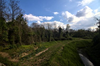 Bir su deresi ve İtalya kırsalındaki bir kalenin kalıntılarıyla çevrili bir korulukta yol.