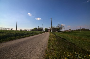İtalya 'nın kırsal kesimlerinde baharın açık bir gününde tarla ile çevrili çakıl yolu.