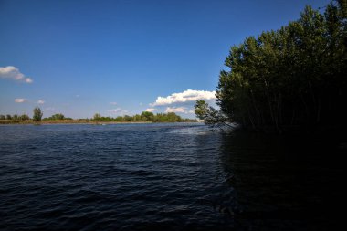 Gölgedeki bir nehrin kıyısında İlkbaharda İtalya kırsalındaki ağaçlar tarafından çerçevelenmiş