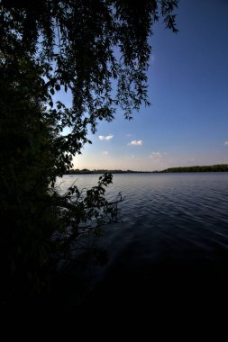 Gölgedeki bir nehrin kıyısında İlkbaharda İtalya kırsalındaki ağaçlar tarafından çerçevelenmiş