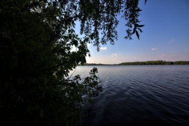 Gölgedeki bir nehrin kıyısında İlkbaharda İtalya kırsalındaki ağaçlar tarafından çerçevelenmiş