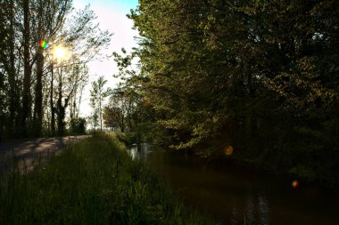 Gün batımında kırsalda bir su deresi ile çevrili bir yol.