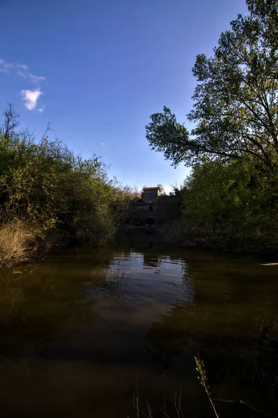 Entrée Une Rivière Avec Ancien Barrage Loin Milieu Parc Dans — Photo